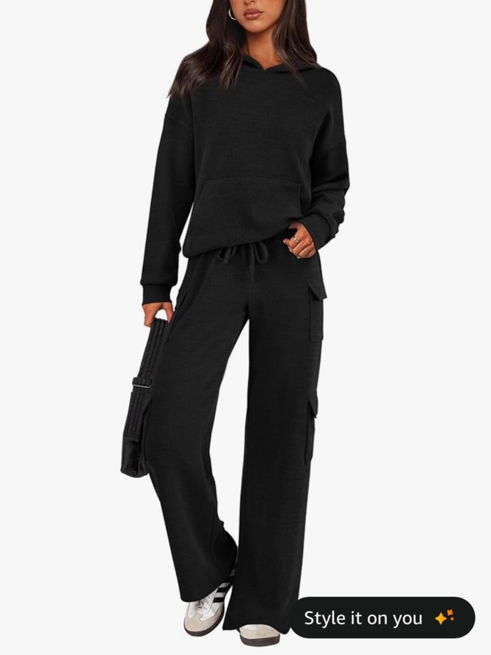Women's Black Knit Set: Wide-Leg Cargo Pants and Hooded Sweater